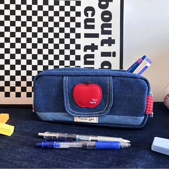 Haumei Canvas Pencil Case Large Capacity, Big Denim Pen Pouch with Zipper, Cute Durable Portable Stationary Storage Bag Organizer for Adults Women, Dark Blue, Apple