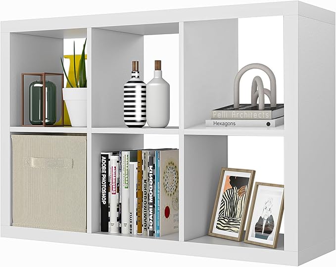 Bookshelf with Storage Bin, 6-Cube Storage Organizer, Modern Wood Open Bookcase, Multifunctional Display Cubicle Shelf for Living Room, Bedroom, Home Office, White