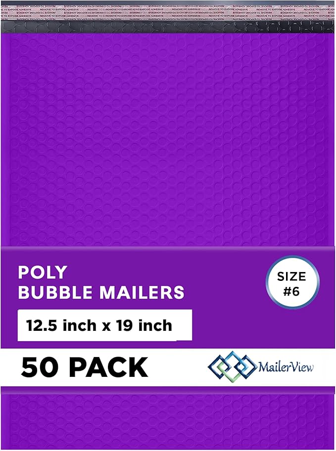 Purple 12.5x19.5 Inch Large Poly Bubble Mailers #6 | Padded Envelopes with Self Seal | Air Lined Cushioned Bubble Mailer | Usable Size 12.5x15 | 50 Pack Bulk | Lightweight shipping Bags