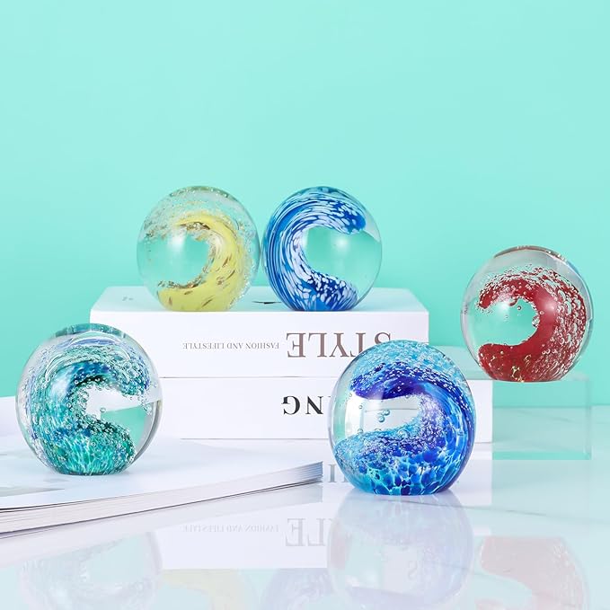LCCCK Hand Blown Glass Ocean Waves Glass Ball Beach Office Decor, Blue Glass Paperweight Ideal Beach Decorations for Home, Suitability Seaside Villa Aquarium Ocean Lover's Gift