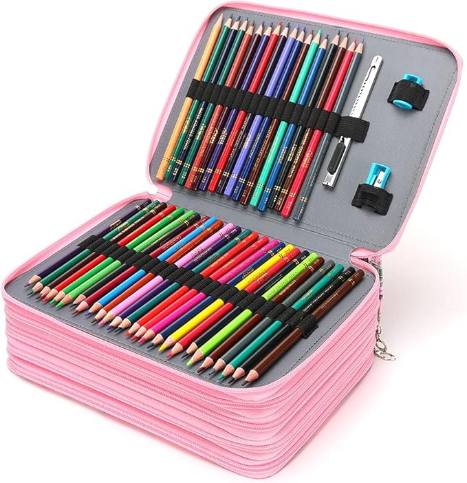 Vomgomfom Colored Pencil Case - 252 Slot Pencil Holder with Zipper Closure, Twill Fabric Large Capacity Pencil Case for Watercolor Pens or Markers, Artist Organizer (Pink Rose)