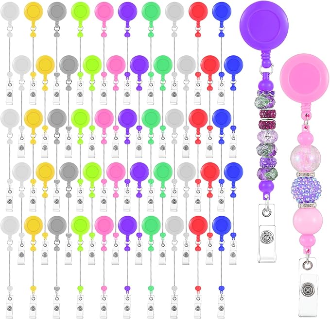 50 Pcs Colorful Beadable Badge Reel, Retractable Clips Holder Beaded Blank Bars with Belt Clip for ID Name, DIY Gift for Nurse Office Supplies