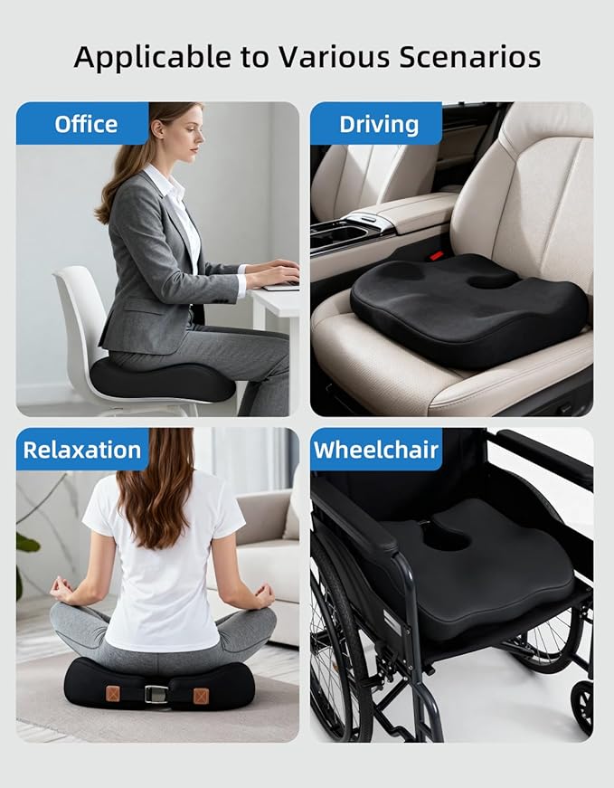 Extra-Dense Seat Cushion for tailbone pain relief ，Ergonomic seat cushions for office chairs，sciatica pain relief pillow , pressure relief Seat Cushion,office chair cushion，car seat cushion-Black