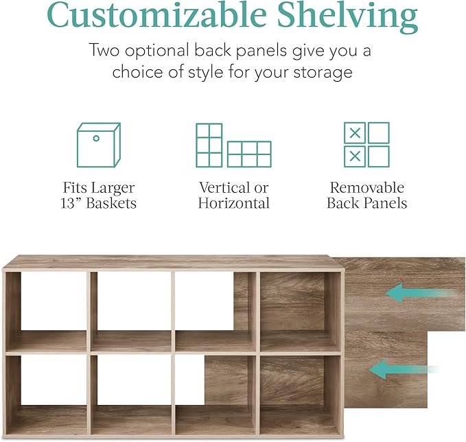 Best Choice Products 8-Cube Storage Organizer, 13.5in Shelf Opening, Bookcase, Display Shelf, Customizable w/ 2 Removable Back Panels – Greige