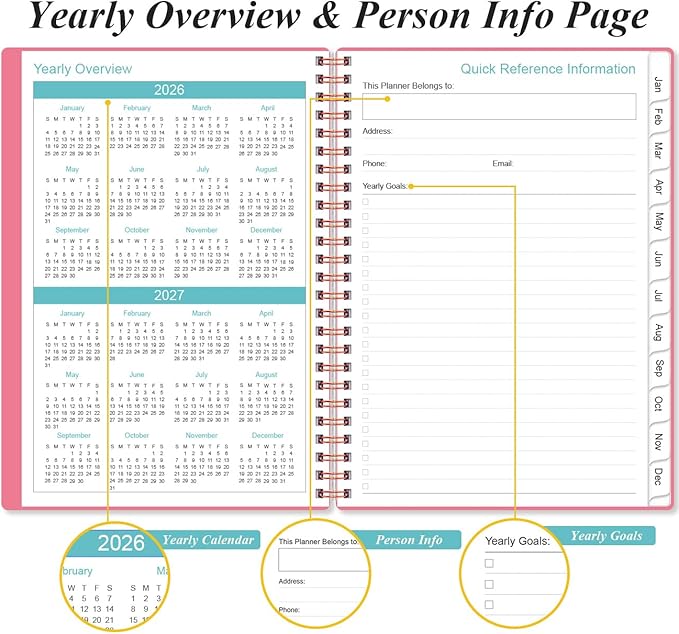 2026 Daily & Monthly Planner - One Page Per Day, Daily Planner 2026 from January 2026 to Deccember 2026, Planner 2026 with 12 Monthly Tabs, 6.4" x 8.5", Pink