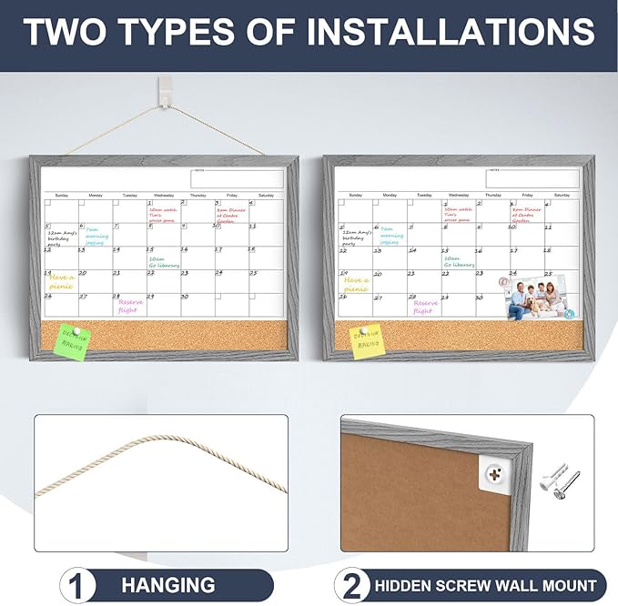 Calendar Whiteboard for Wall, 18x24 Inches Dry Erase Calendar Cork Board Combo, Magnetic Monthly White Board with Wood Framed, Hanging Dry Erase Board for Home Kitchen Office Planner Memo
