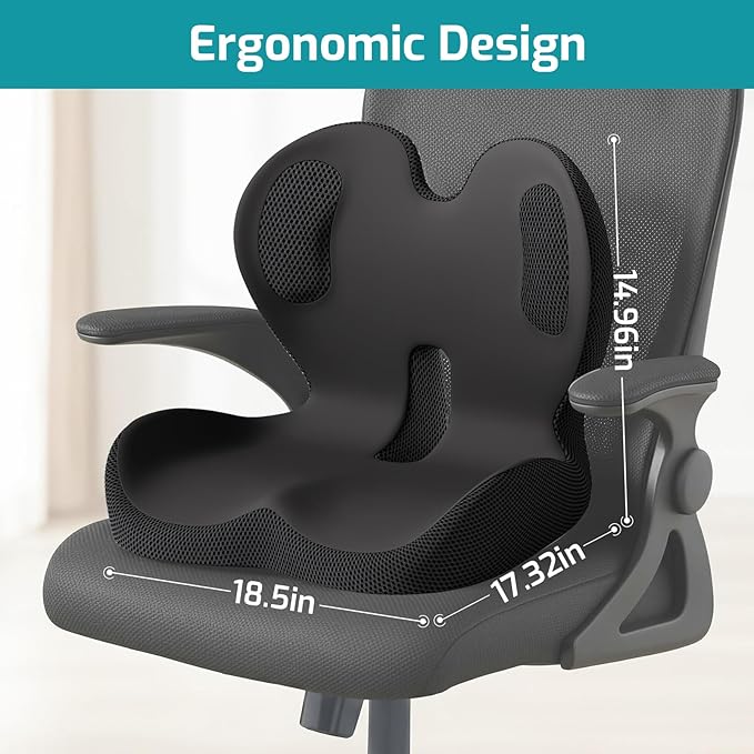 Memory Foam Seat Cushion,Office Chair Cushion with Lumbar Support,L-Shape Ergonomic Cushions with Strap,Non-Slip Sciatica,Hemorrhoids, Tailbone Pain Relief for Office Workers,Driver (Black+Ice Silk)