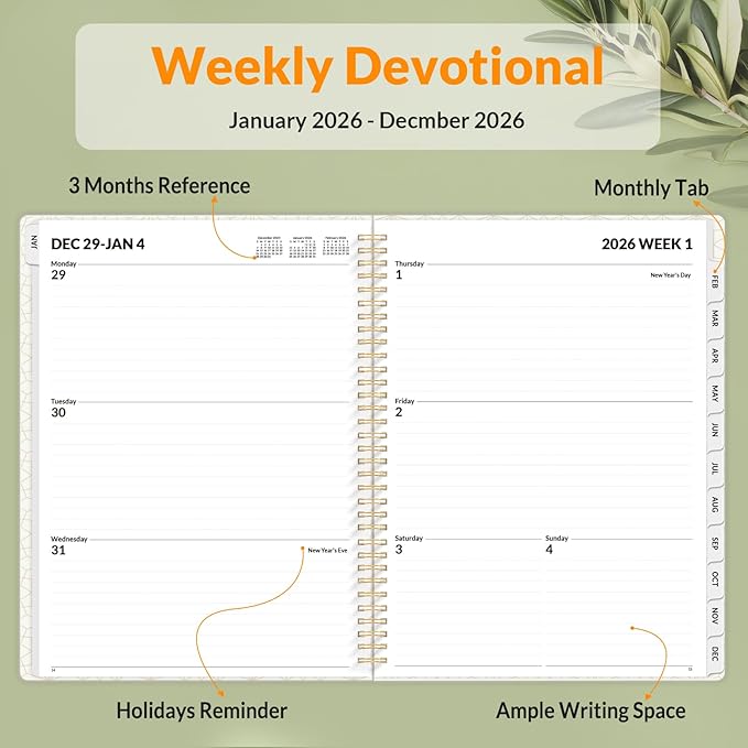 SUNEE 2026 Planner, Weekly and Monthly Calendar Planner, January 2026-December 2026, Daily Agenda with Tabs, Note Pages, Spiral Binding, 8.5"x11", Eucalyptus