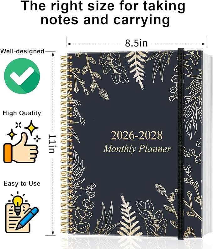 2026-2028 Monthly Planner, Three Years Calendar from January 2026 - December 2028 with Spiral Binding, Inner Pocket, Elastic Closure, 38 Month Planner for Home | School | Office, 8.5" x 11", White Gold Leaf