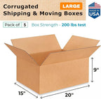 Large Moving & Shipping Boxes 20 x 15 x 9 inches (5-Pack) - Extra Strength 200 lb vs Regular - Corrugated Strong Moving Boxes - Large Packing Box for Shipping by IDL Packaging
