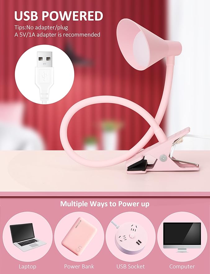 LiFMIRA Pink Small Desk Lamp Clip on LED Reading Light for Bed, 3 Color Modes 10 Dimmable Brightness, Book in Bed Headboard, Flexible Neck Clamp BL08