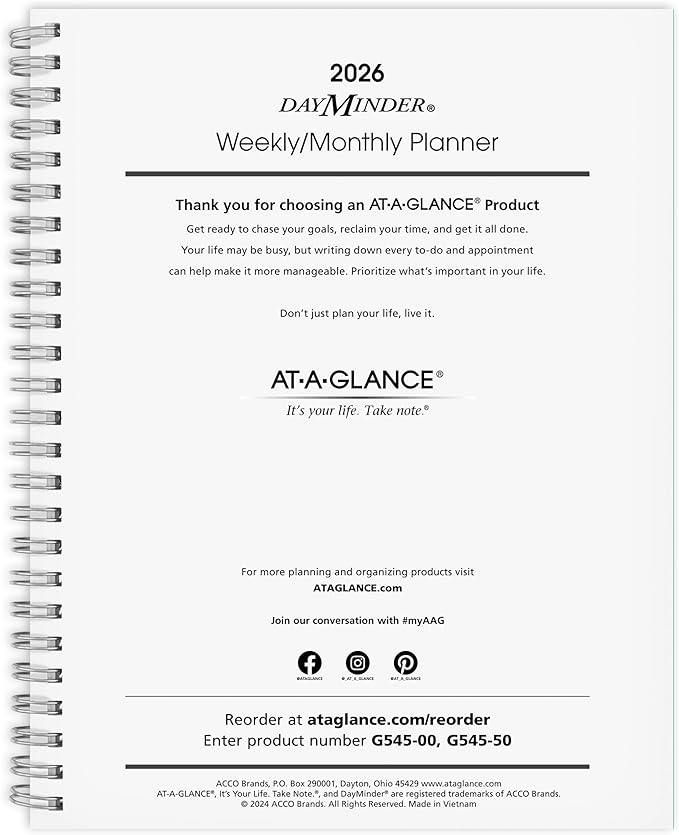 AT-A-GLANCE 2026 Planner Refill, Weekly & Monthly, 7" x 8.75", Medium, Executive, DayMinder, Refill for G545 Line Planners (G5455026)