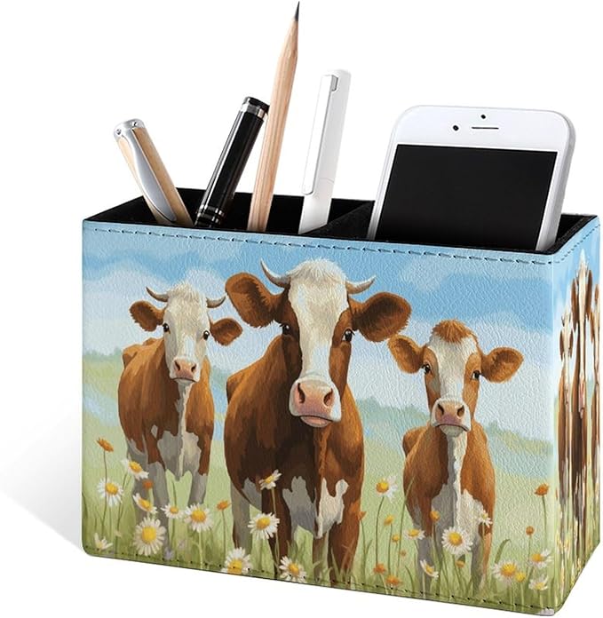 Famame Three Cows Flowers Field Pencil Holder for Desk, Leather Desktop Container Pen Cup Storage Study Table Pen Organizer Makeup Brush Holder for Classroom Office Home