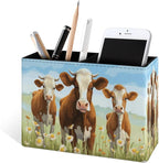 Famame Three Cows Flowers Field Pencil Holder for Desk, Leather Desktop Container Pen Cup Storage Study Table Pen Organizer Makeup Brush Holder for Classroom Office Home