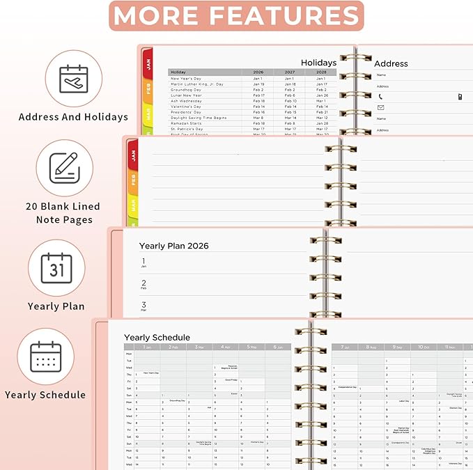 EMSHOI 2026 Planner Weekly and Monthly, Week on One Page with Notes, A5 (5.7"x8.3"), Jan-Dec 2026 Calendar Agenda with Monthly Tabs, Note Pages, 100GSM Thick Paper, Flexible Cover, Pink