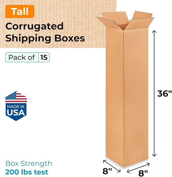 Tall Moving & Shipping Boxes 8"L x 8"W x 36"H (15-Pack) - Extra Strength 200 lb vs Regular - Corrugated Moving Boxes for USPS/UPS/FEDEX - Packaging Box - Box Moving Supplies by IDL Packaging