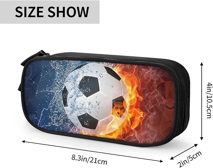 Boys Pencil Case with Soccer Printed, Cool Fire & Water Portable Pen Bag Pouch with Zipper for Teens Stationary Supplies, Small Pencil Box Cosmetic Bag for Sports Girls