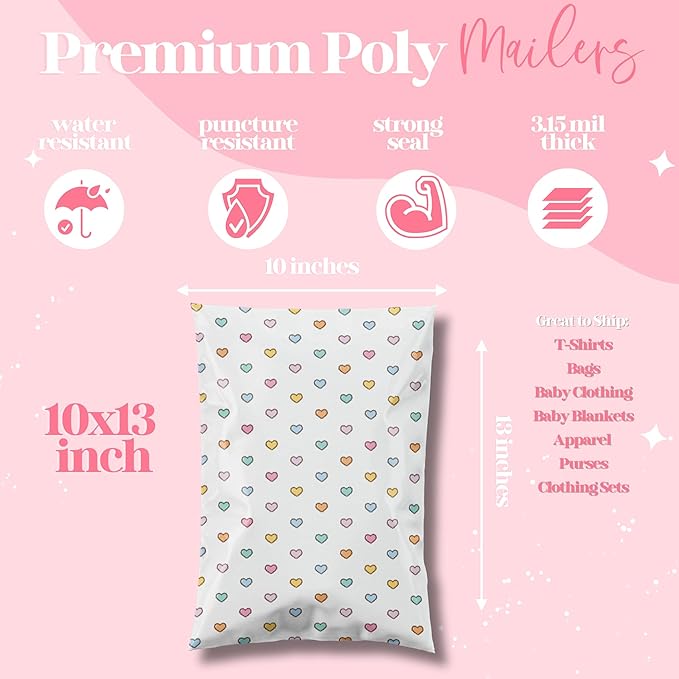 Pretty Package Store 10x13 Designer Poly Mailer 100 Pack Heavy Duty Waterproof Self Seal Shipping Bags for Small Business Large Mailing Envelopes Bulk Tear Resistant Packaging Preppy Hearts