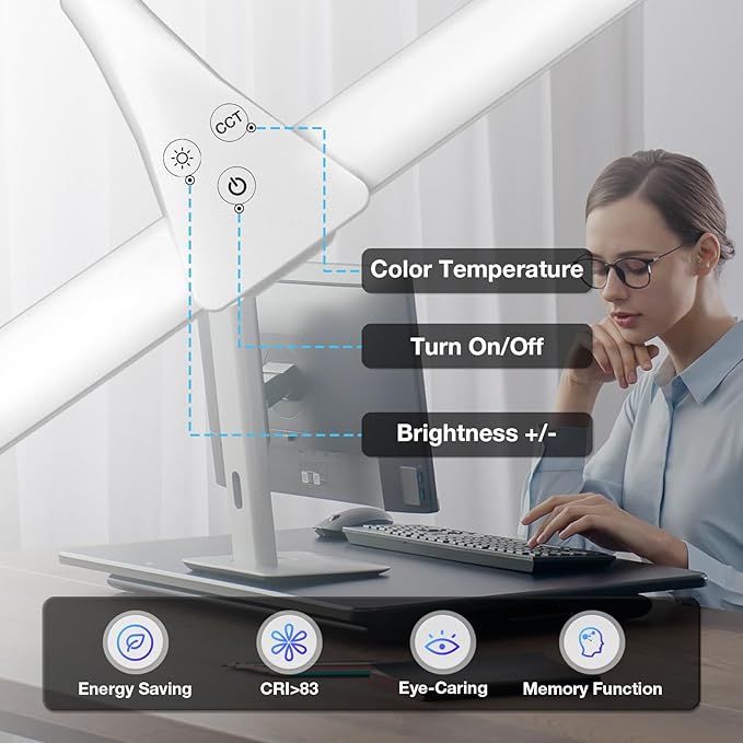 Hensam LED Desk Lamp with Clamp, Double Head Desk Light for Home Office, Dimmable Desktop Light, 12W 1400lm Eye-Caring Architect Table Lamp for Workbench Monitor Computer Reading Study, White
