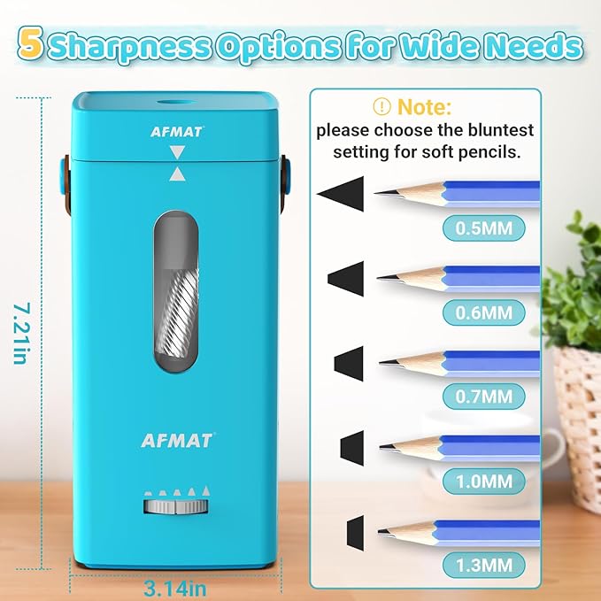 AFMAT Electric Pencil Sharpener, Fully Automatic Pencil Sharpener, Auto in & Out, Rechargeable Hands-Free Sharpeners for Jumbo & Colored Pencils (6.5-12mm), Portable for Home/Classroom/Office PSC6