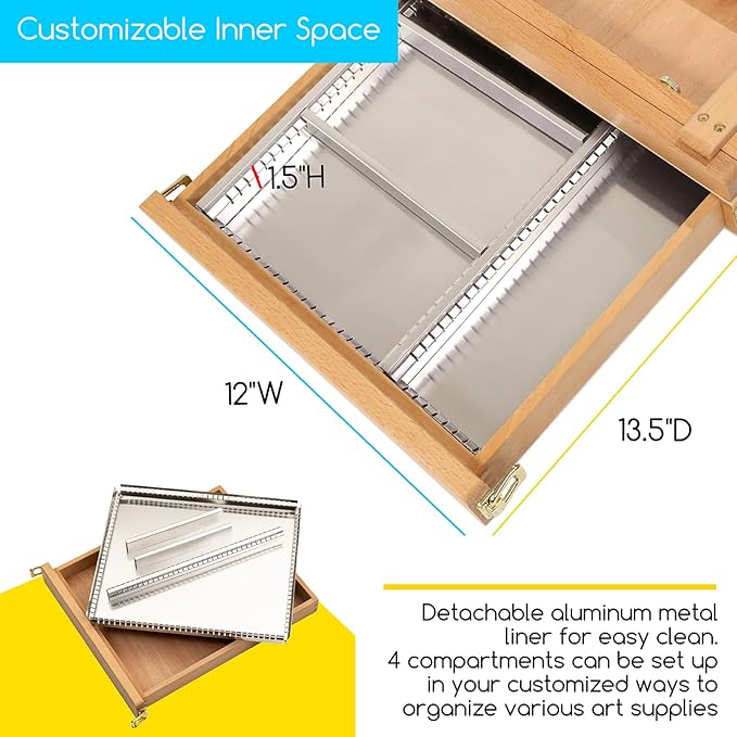 MEEDEN Studio Sketchbox Table Easel with Metal Lined Drawer - Adjustable Solid Beech Wood Tabletop Easel & Sketchbox Artist Easel with Storage, for Studio or Plein Air - Holds canvases up to 34" high