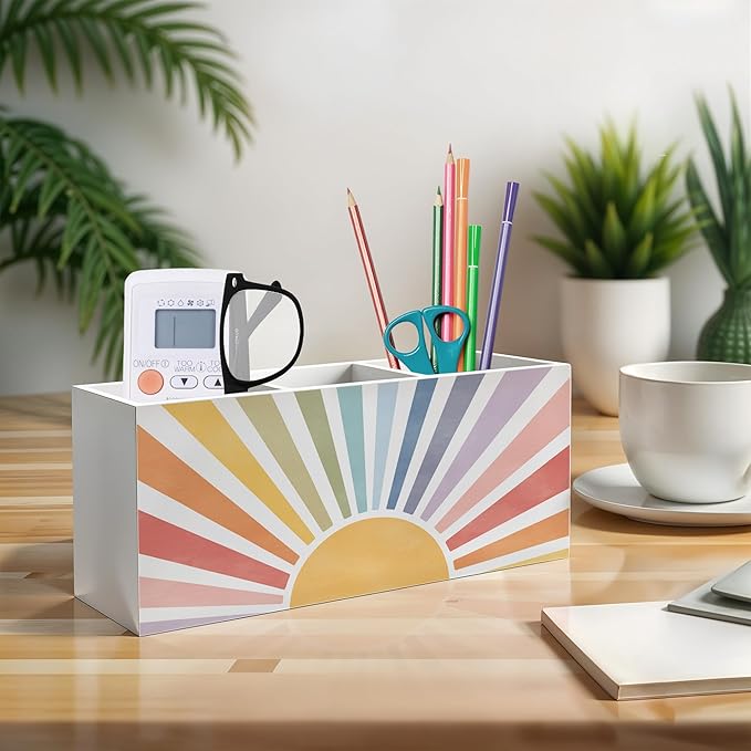 Exqcom Boho Colorful Sunshine Pen Pencil Holder, Boho Desk Office Decor, Retro Rainbow Sun Sunrise Sunset Pencil Pen Holder Organizer for Home Office Desk Accessories