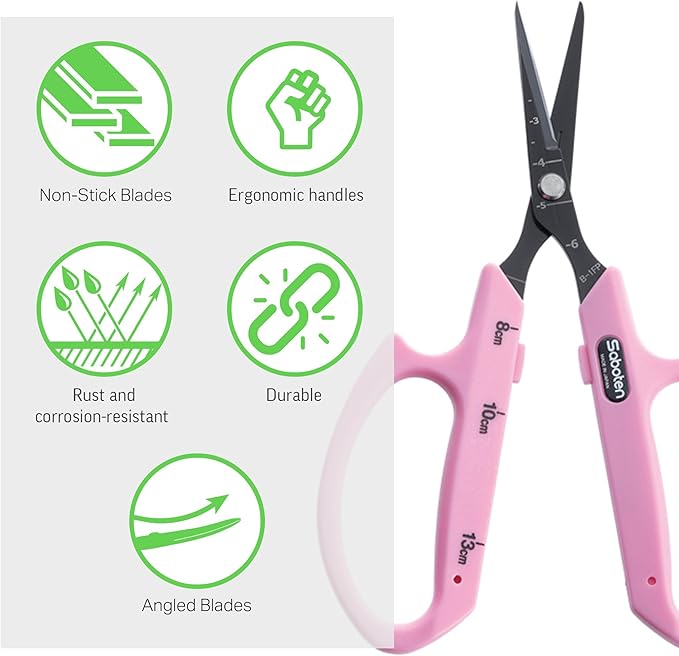 Saboten Fluorine Coated Angled Blade Trimming Scissors Pink PT-2 160mm Precision Gardening Bonsai and Floral Shears Made in Japan