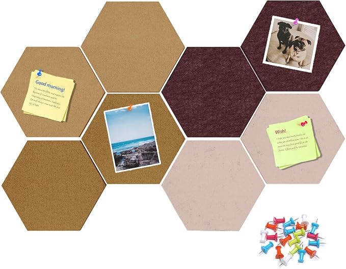 Uoisaiko 12" Large Bulletin Board with 30 Push Pins, Pack of 8 Hexagon Felt Pin Board Notice Boards for Home Office Kitchen, Felt Wall Tiles for Photos Memos (Yellow Brown)