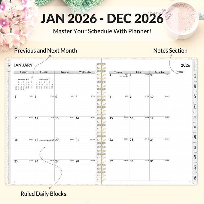 SUNEE 2026 Planner, Weekly and Monthly Calendar Planner, January 2026-December 2026, Daily Agenda with Tabs, Note Pages, Spiral Binding, 8.5"x11", Watercolor Flowers