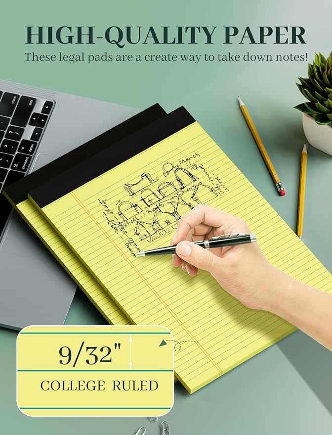 6 Pack Yellow Legal Pads 8.5 x 11 College Ruled Lined Writing Note Pads 8.5 x 11 Narrow Ruled Yellow Paper Pads 8.5 x 11 Legal Pad 8.5 x 11 Pads of Paper 30 Sheets Writing Pad Legal Notepads 8.5 x 11