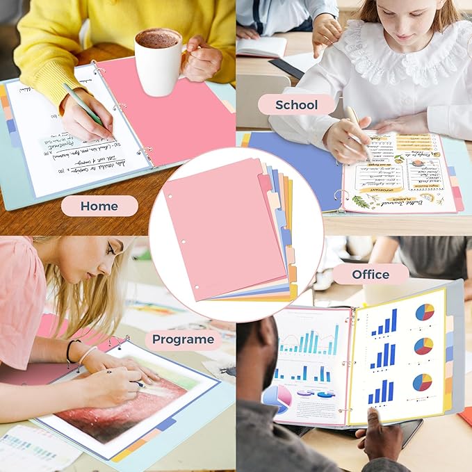 SUNEE 8 Tab Binder Dividers,Plastic Dividers for 3 Ring Binder,3 Ring Binder Dividers with Tabs for School Office Home Supplies,Pastel Color, 1 Set