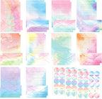 TaoBary 160 Pcs Stationery Paper Set 50 Double Sided Stationery Papers with 50 Matching Envelopes and 60 Round Dot Sticker, 10 Design(Watercolor,8.5 x 11 Inch)