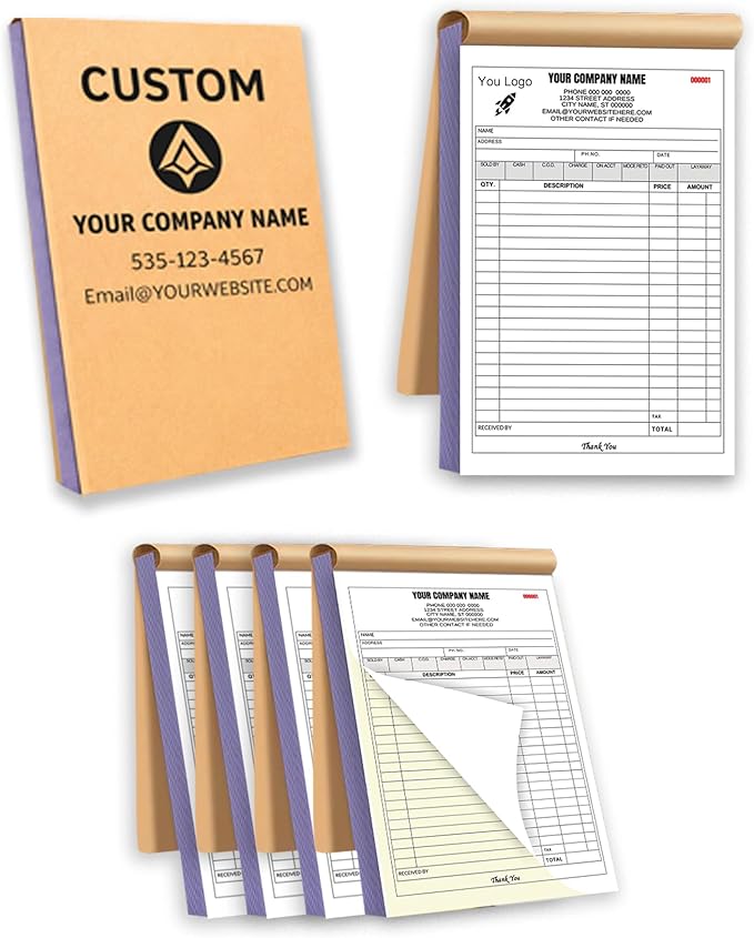 Custom Carbonless Invoice Book with Logo, Personalized Cover & Inner Pages, 2 Part NCR Receipt & Work Order Forms, Easy Tear, Writing Shield for Small Business (2-part [White/Yellow], 7.48 x 5.12INCH)