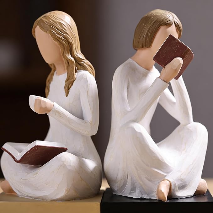 Reading Girl Bookends for Women, Resin Reading Woman Sculpture Bookends Set of 2, Aesthetic Bookshelf Decor for Home Office Library, Cute Feminine Book Ends for Book Lovers Gifts (Beige)