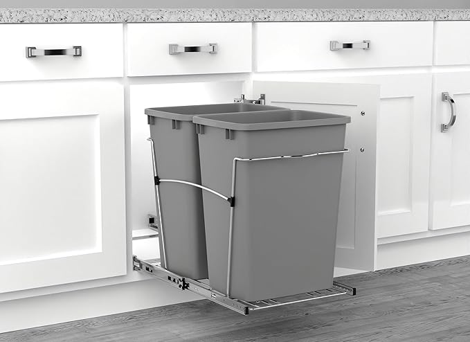 Rev-A-Shelf Double Pullout Trash Can for Kitchen Cabinets 35 Qt Garbage Recycling Bin on Full-Extension Slides, Silver, RV-18KD-17C S
