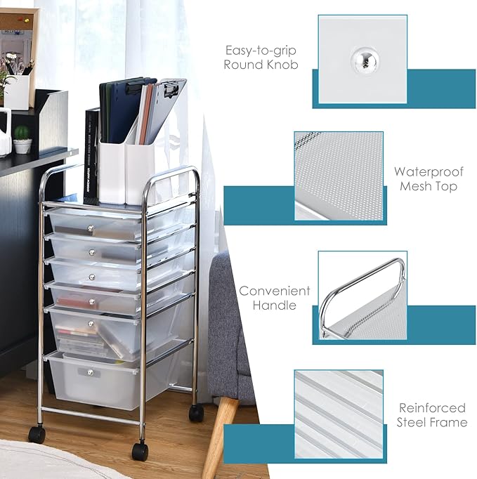 Giantex 6 Storage Drawer Cart Rolling Organizer Cart for Tools Scrapbook Paper Home Office School Multipurpose Mobile Utility Cart (Clear White)