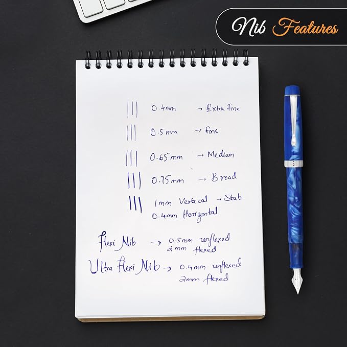 FPR Himalaya V2-Chrome Ultra Flex Nib Pen - Twist-Style Converter Filled Calligraphy Pens for Writing-Fancy Pens for Men & Women- Flex Fountain Pen w/Metal Clip & Cap Ring (Indigo Blue Acrylic)