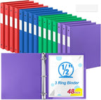 Henoyso 48 Pcs 3 Ring Binder 0.5 Inch Round Fits Letter Size 8.5'' x 11'' Paper Plastic Flexible Binder Holds 140 Sheets with 1 Pockets Versatile Organizer for Office School (Blue Green Purple Red)