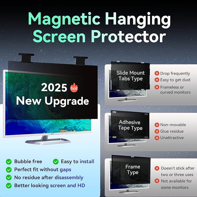 [2 Pack] Magnetic 27 Inch Computer Privacy Screen for 16:9 Aspect Ratio Widescreen Monitor, Hanging Eye Protection Anti Glare Blue Light Computer Monitor Privacy Filter, Removable 27 in Protector Film