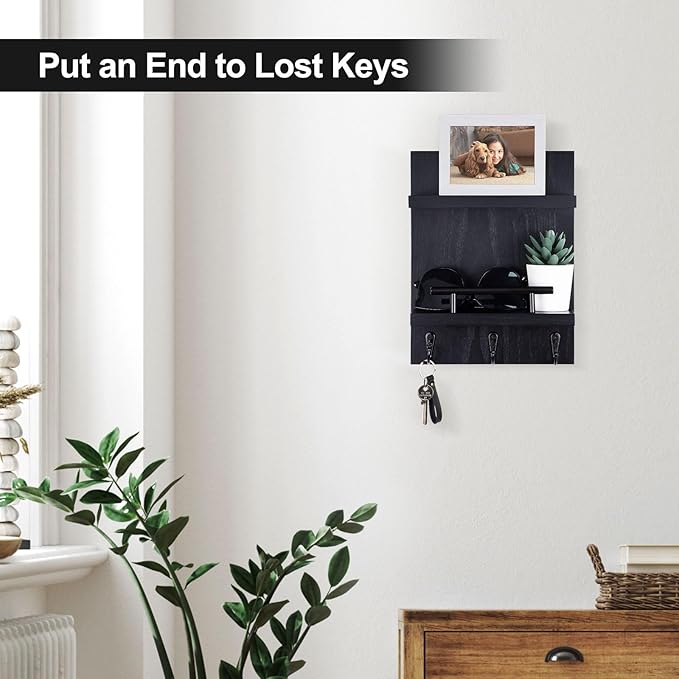 Lucundm Key Holder Wall Mount, Mail Shelf Decor with 3 Key Hooks, Versatile Wood Wall Organizer for Entryway Hallway (8.2” x 10.6”x 3.6”) (Black)