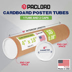 Paclord 4" x 18" Reinforced Kraft Paper Mailing Tube, Pack of 1 Tube with 2 Caps – Secure USPS Approved Poster Tube – Cardboard Tube for Shipping and Storing of Posters, Prints, Artwork, or Documents