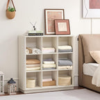 Joaxswe 9 Cube Storage Book Shelf, 41" Tall Organizer Bookcase with Curved Edge, Wood Floor Standing 3-Tier Cubby Bookshelf with Base, Vintage Display Book Case for Bedroom,Office,Grey-White Cream Oak