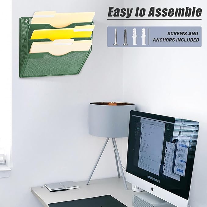 EASEPRES 3 Pocket Mesh Hanging Wall File Organizer, Wall Mounted Mail Paper Document Folder Holder, Clipboard Storage Organization Magazine Rack with Nametag Label for Office Home School, Dark Green