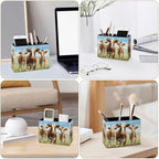 Famame Three Cows Flowers Field Pencil Holder for Desk, Leather Desktop Container Pen Cup Storage Study Table Pen Organizer Makeup Brush Holder for Classroom Office Home