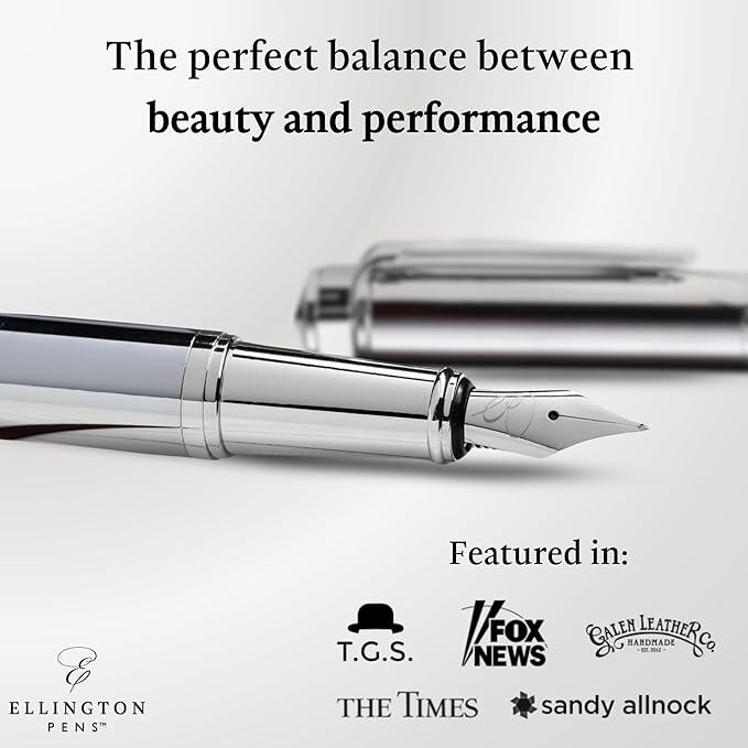 Ellington Pens Luxury Fountain Pen Set - Extra Fine Nib- Includes 3 Ink Cartridges, Refillable Ink Converter, Gift Box- Fountain Pens For Writing, Calligraphy, Journaling, Sketching (Silver Sonata)