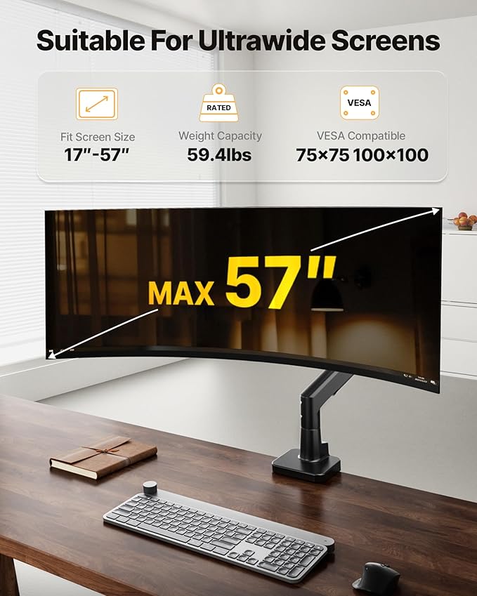 monTEK Sleek Aluminum Monitor Arm for 17–57” Ultrawide Screens up to 59.4 lbs, Heavy Duty Single Monitor Arm Desk Mount, Pneumatic Lift, Quick-Release Plate, Clamp/Grommet, Max VESA 100x100
