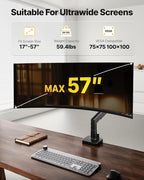 monTEK Sleek Aluminum Monitor Arm for 17–57” Ultrawide Screens up to 59.4 lbs, Heavy Duty Single Monitor Arm Desk Mount, Pneumatic Lift, Quick-Release Plate, Clamp/Grommet, Max VESA 100x100