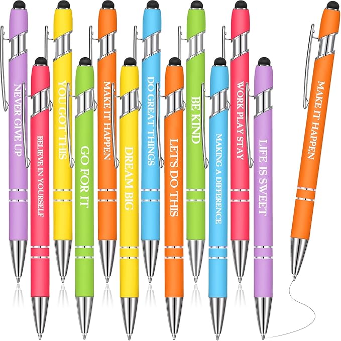 Zonon 12 Pcs Inspirational Pens Bulk Funny Ballpoint Pen with Stylus Tip Motivational Gifts for Valentine's Day Teacher Coworkers Nurse School Office Supplies(Pastel Colors,Classic Style)
