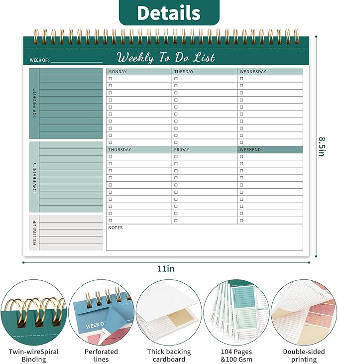 ALKALO 104 Pgs Weekly To Do List Notepad, 52 Duplex-Printed Undated Sheets 100 GSM（8.5"×11") Weekly Desk Planner For Work Home School Office Desk Accessories Supplies & Goal Setting Tasks - Green