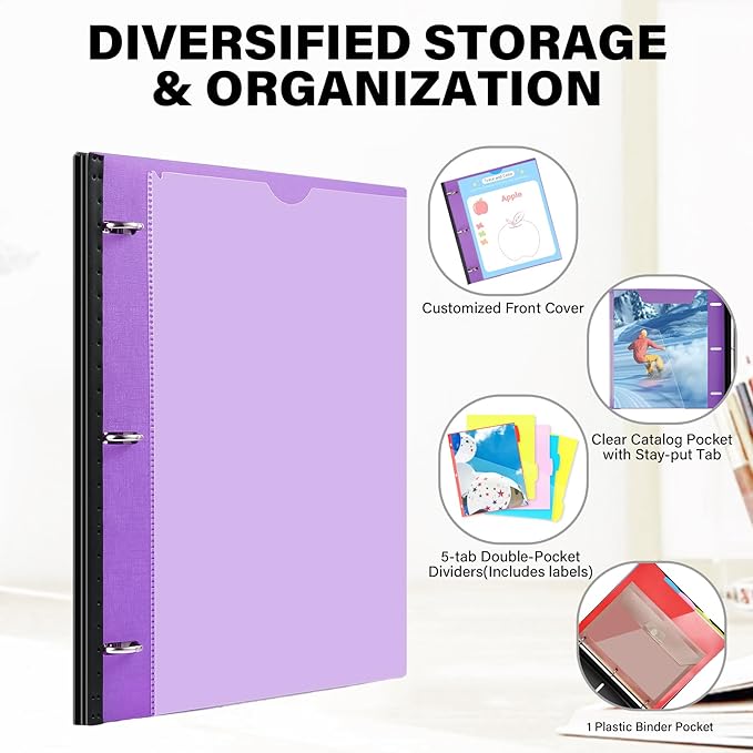 WOT I Telescoping Project Organizer, Refillable 3 Ring Binder with Dividers and Pockets, 13 Pocket Folders, 1 Inch 3 Rings, Purple